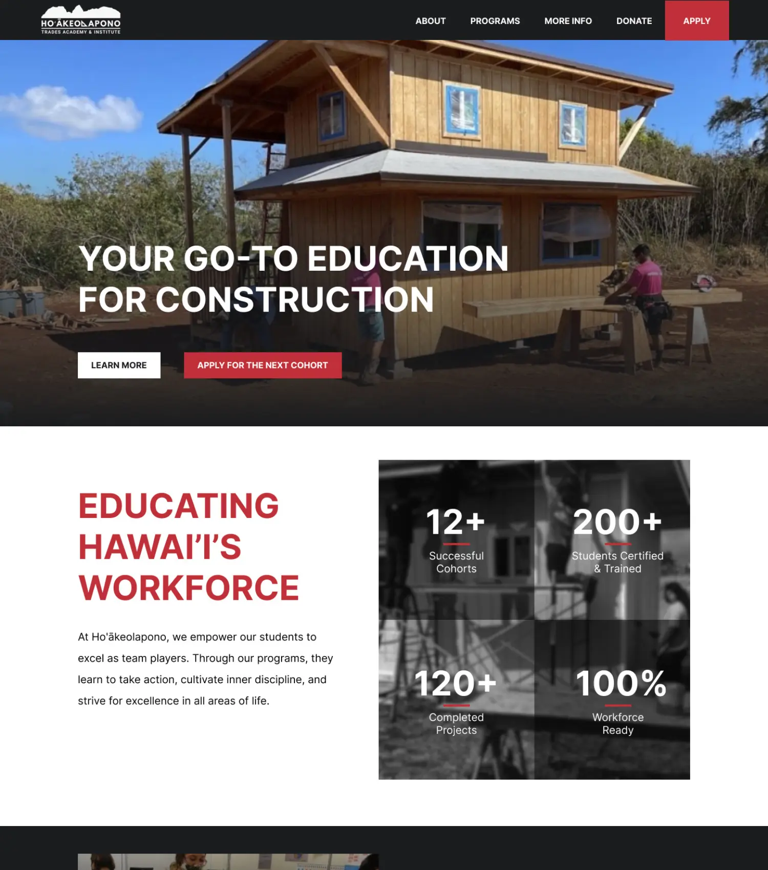 Preview of the homepage of Hoakeolapono Trades Academy and Institute